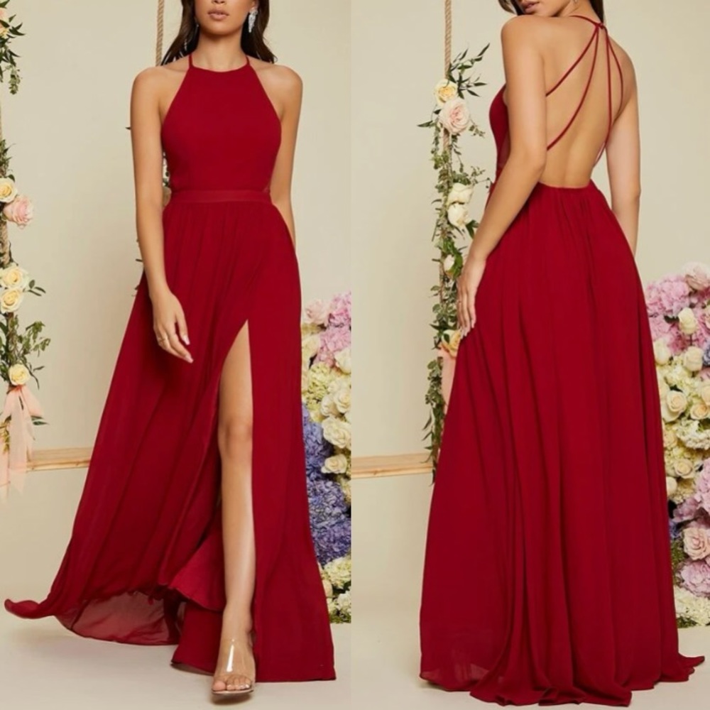 Luxe red open back maxi dress